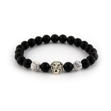 Matte Onyx Bracelet with White Howlite & Lion Head
